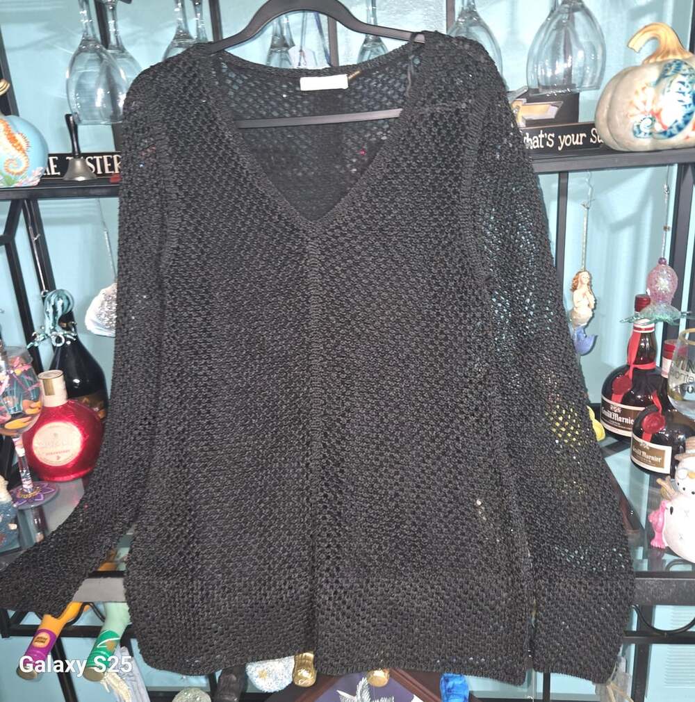Calvin Klein Black Open Knit V-Neck Long Sleeve Sweater Cover-Up
